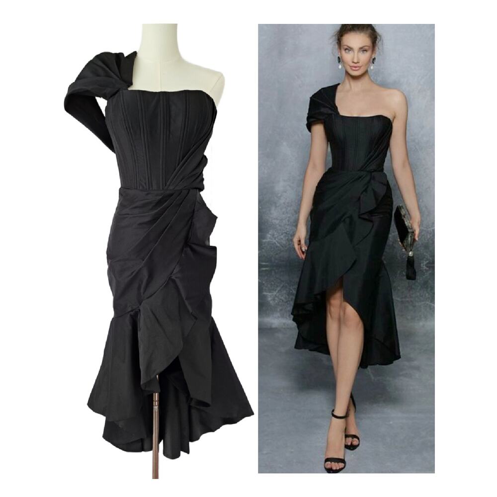 NEW TARIK EDIZ Black Merla Formal Dress Size 4 One Shoulder Ruffle Hem Corset